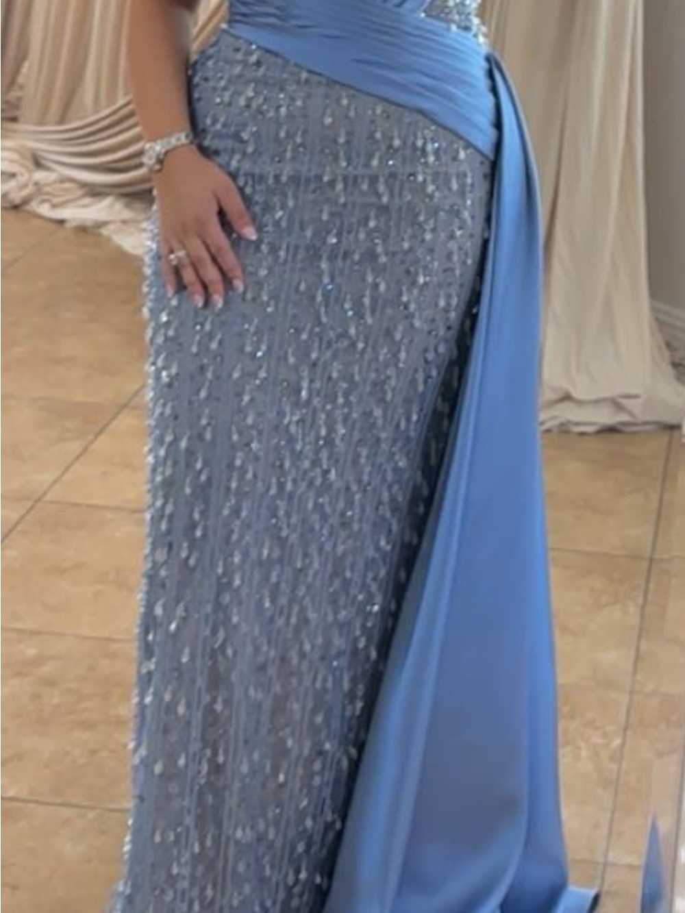 Mac Duggal Light Blue Beaded Prom Gown with Draped Satin Sash
